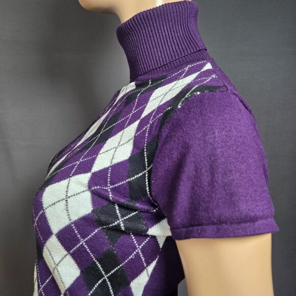 Y2K Purple Argyle Sweater Size L Cap Sleeve Fitted Office Siren Academia Preppy - Picture 6 of 11